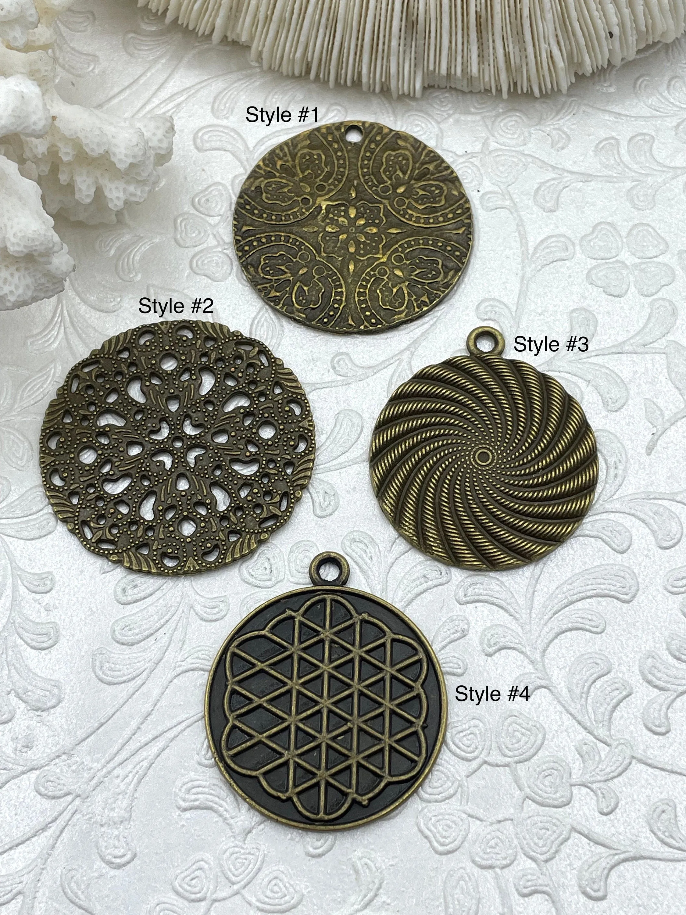 Flat Round Filigree Stamped Metal Pendant Medallion Pendant,  4 styles, 42mm, 39mm, 34mm, 21mm Bronze. Fast Ship