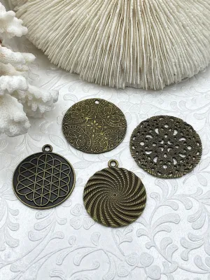 Flat Round Filigree Stamped Metal Pendant Medallion Pendant,  4 styles, 42mm, 39mm, 34mm, 21mm Bronze. Fast Ship