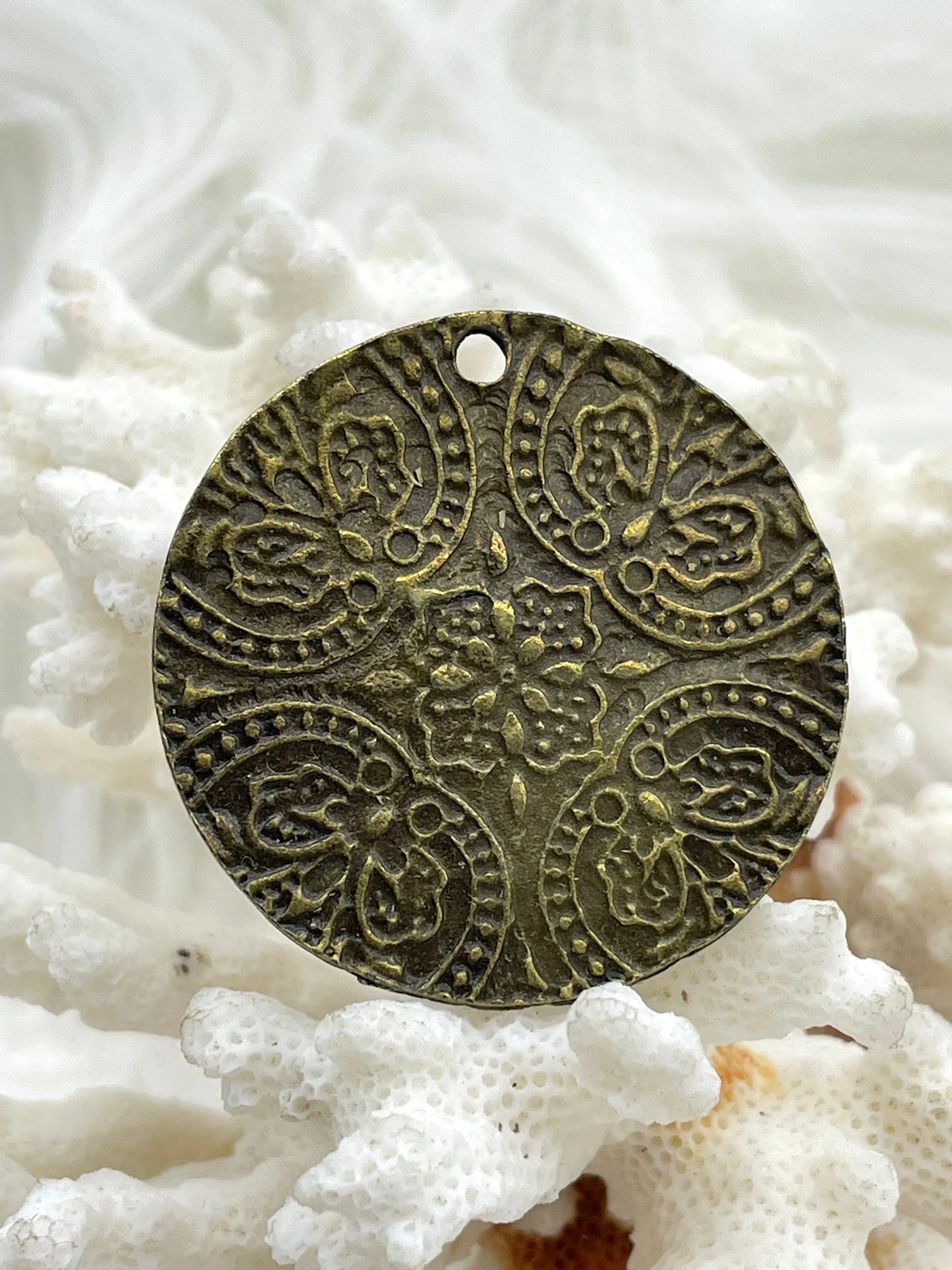 Flat Round Filigree Stamped Metal Pendant Medallion Pendant,  4 styles, 42mm, 39mm, 34mm, 21mm Bronze. Fast Ship