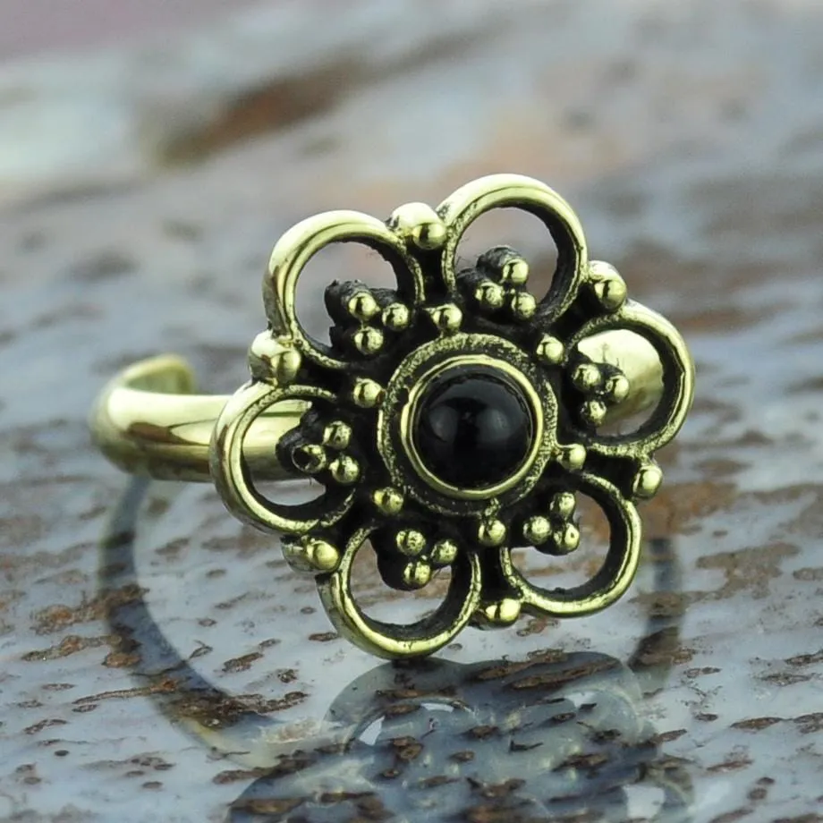 Flower Brass Toe Ring with Onyx Gem