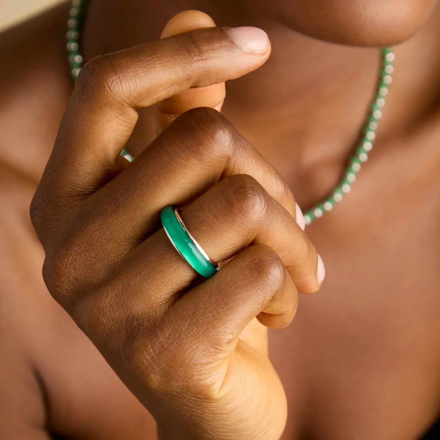 Green Onyx Carved Stone Ring in Silver