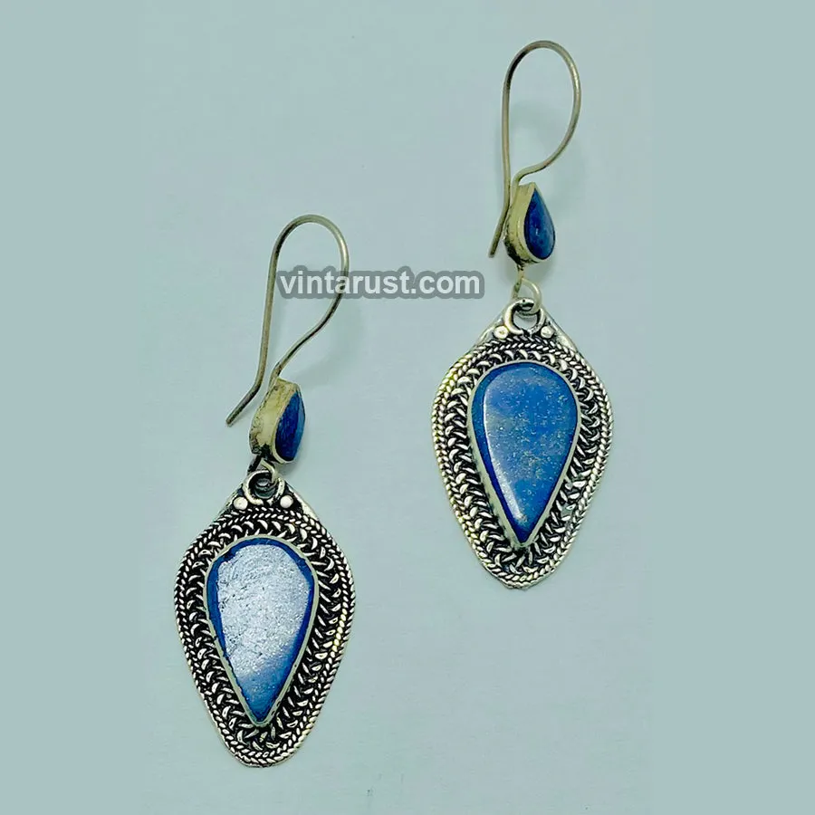 Handmade Long Dangle Lapis Lazuli Stone Earrings