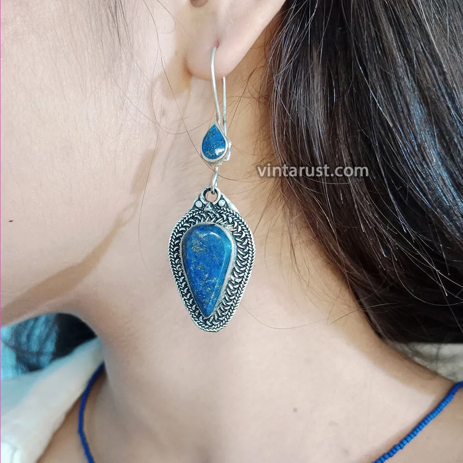 Handmade Long Dangle Lapis Lazuli Stone Earrings