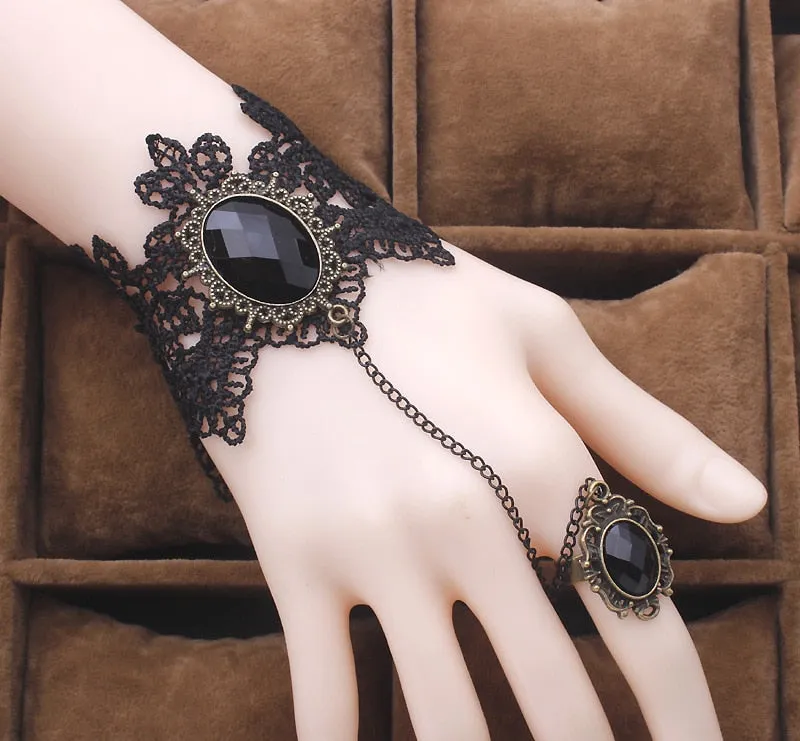 High Quality Black Lace Bracelet Finger Hand Chain Harness Women Bracelet Metal Crystal Charm Steampunk Lady Vintage Jewelry