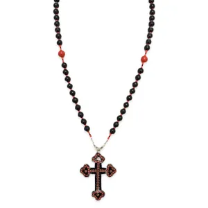 Jet, Sterling & Coral with Vintage Gutta Percha Studded Cross Rosary Necklace