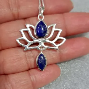 Lapis Lazuli Sterling Silver Lotus Flower Pendant,  P6LL