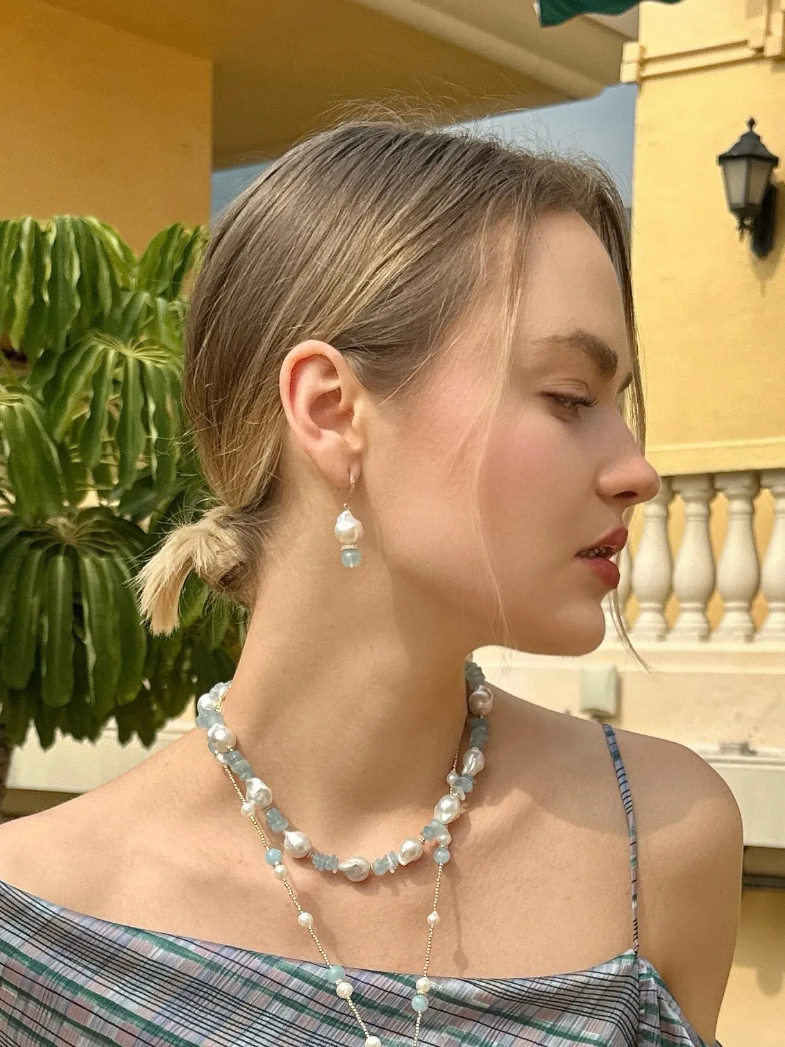 Natural Baroque Pearls with Blue Aquamarine Earrings LE019