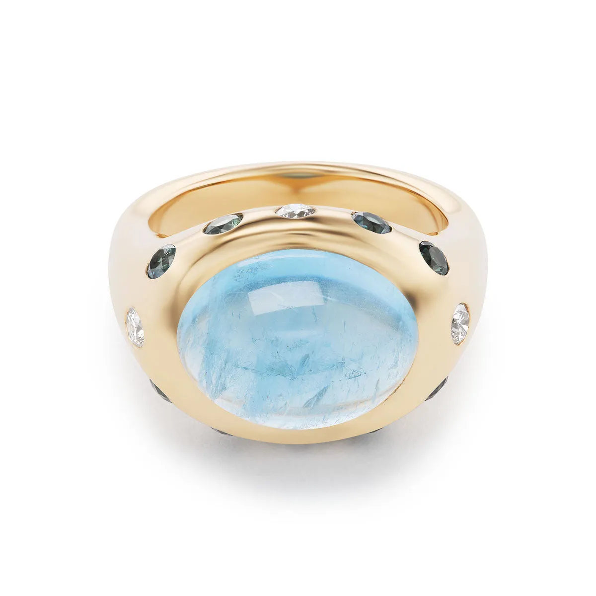 One-of-a-Kind Crown Ring with Aquamarine and Round Diamonds & Light Blue Sapphires