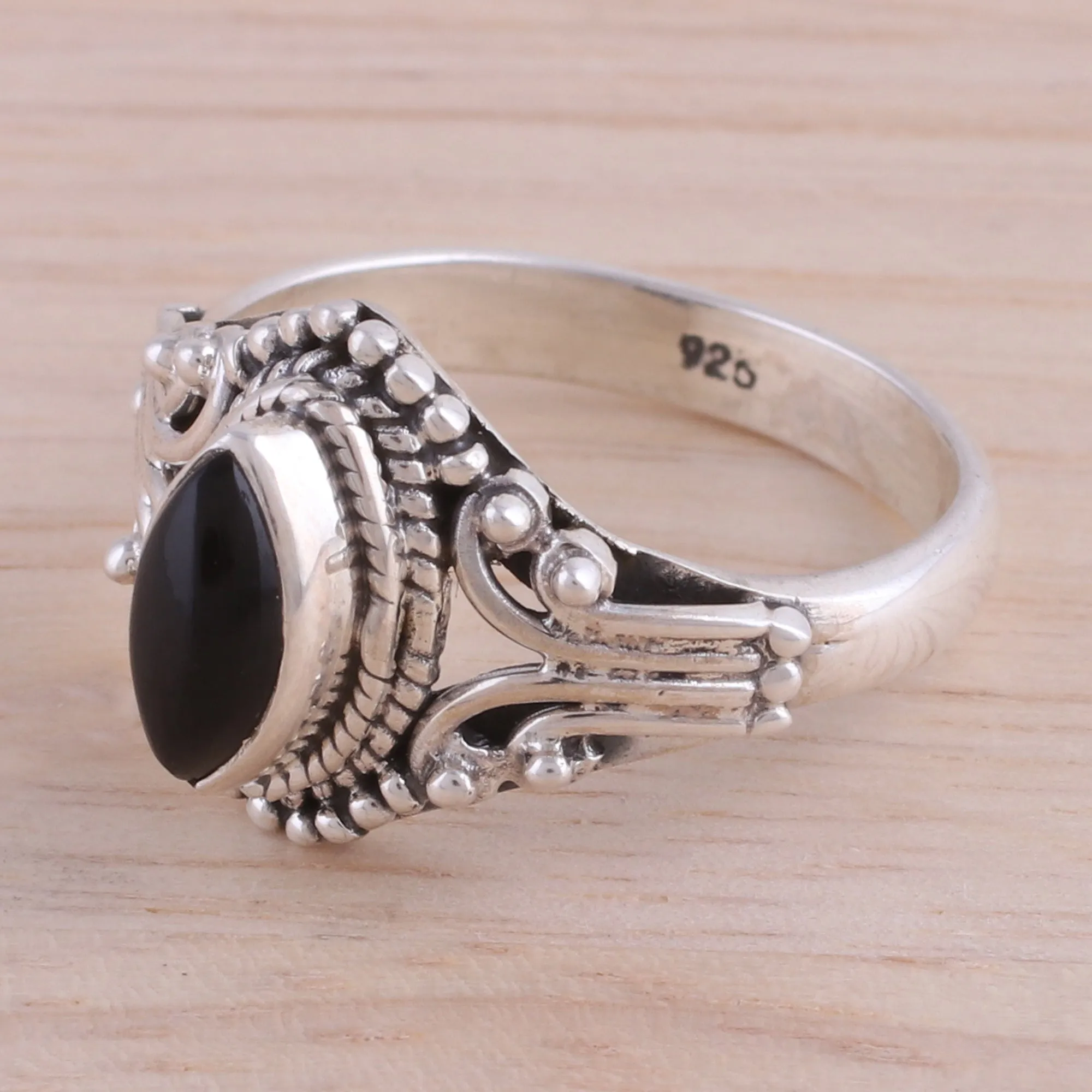 Onyx and Sterling Silver Single Stone Ring from India - Midnight Luxury | NOVICA