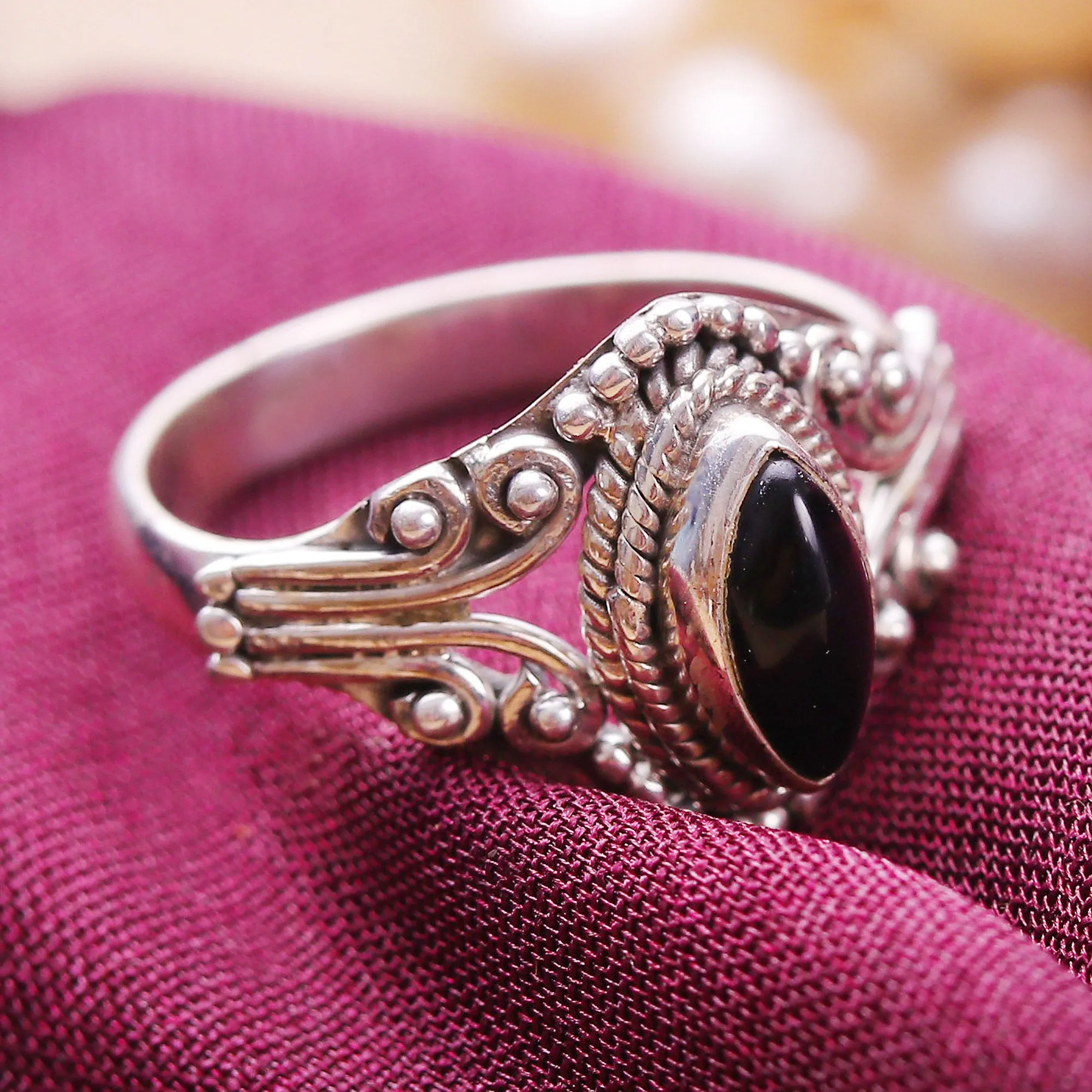 Onyx and Sterling Silver Single Stone Ring from India - Midnight Luxury | NOVICA