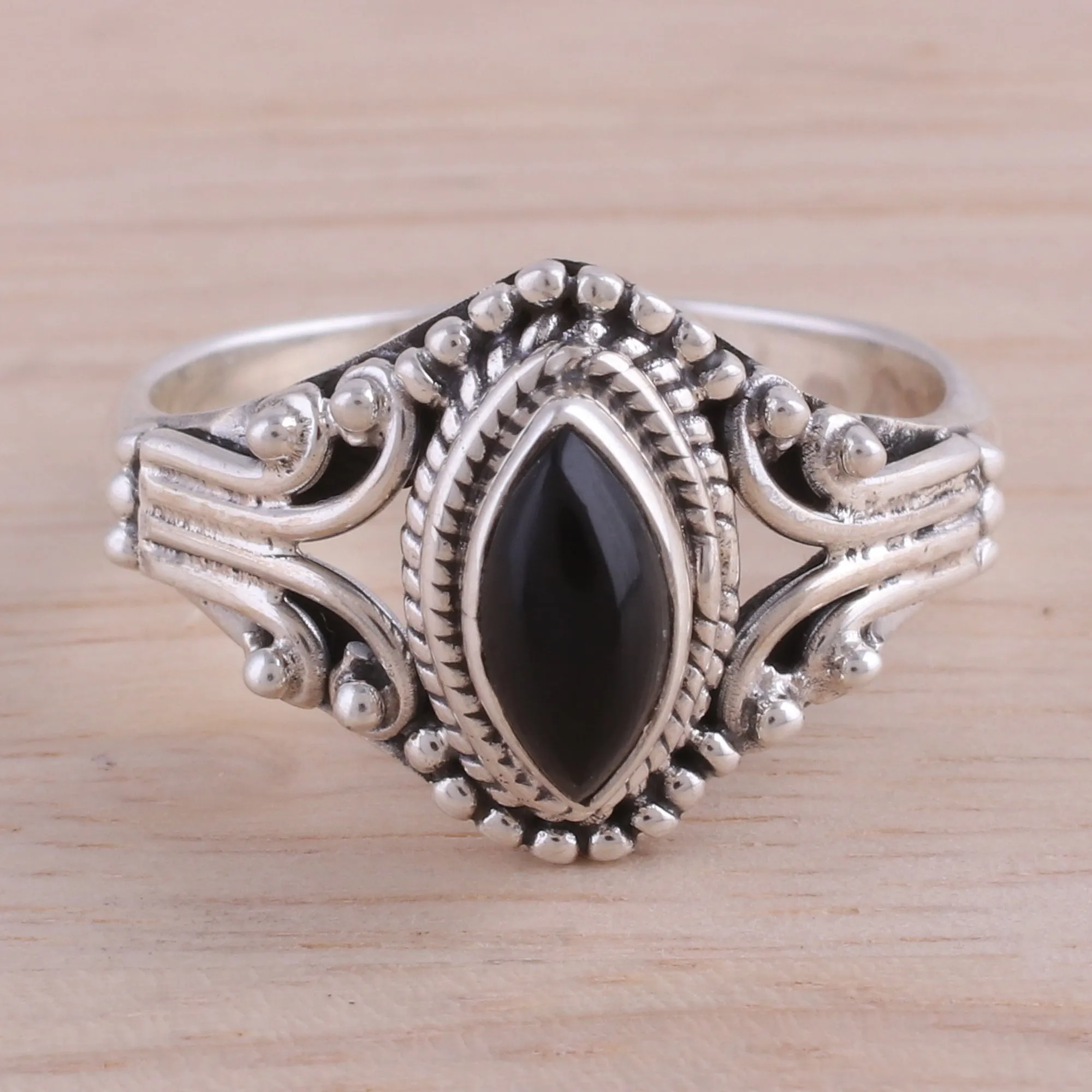 Onyx and Sterling Silver Single Stone Ring from India - Midnight Luxury | NOVICA