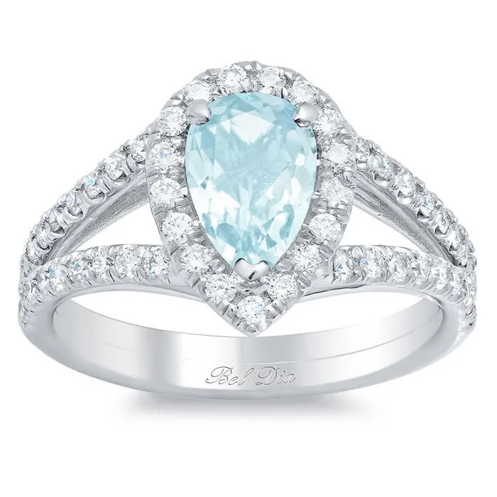 Pear Aquamarine Pave Diamond Split Shank Halo Engagement Ring