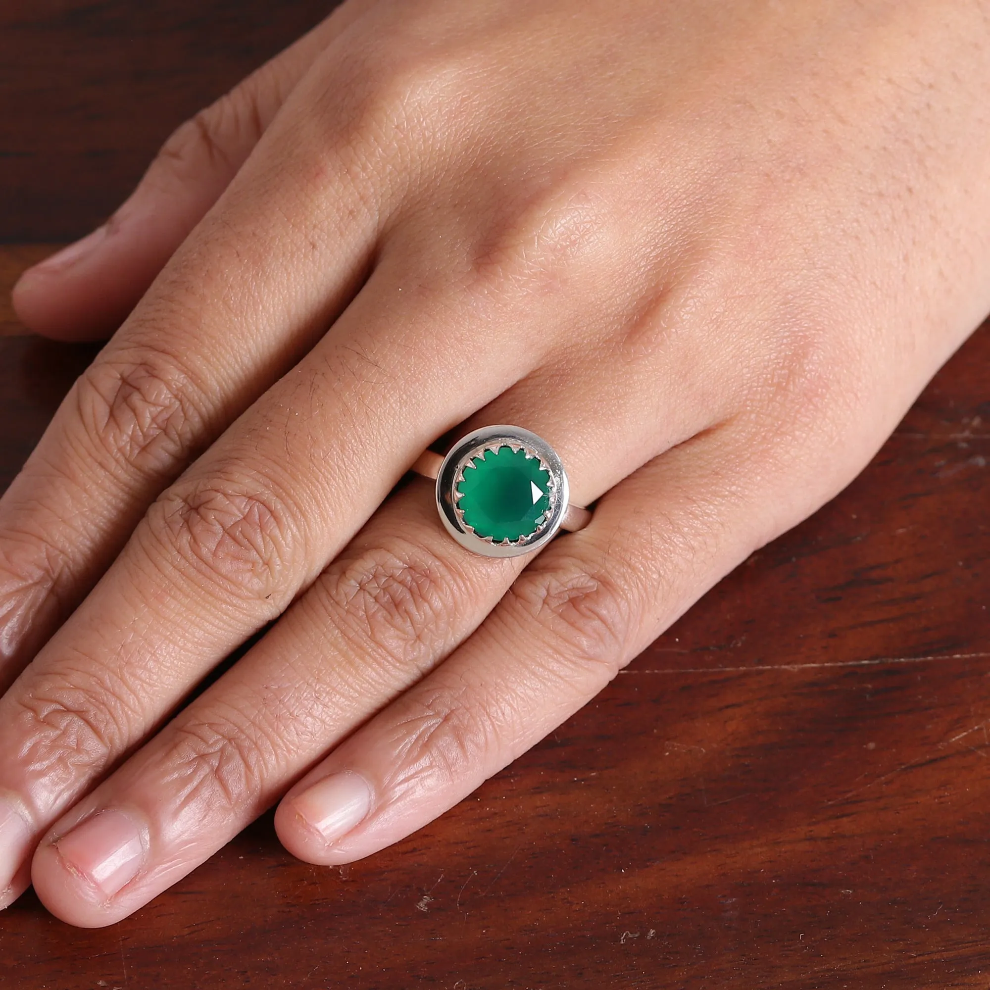 Polished Sterling Silver and Green Onyx Single Stone Ring - Majestic Green | NOVICA