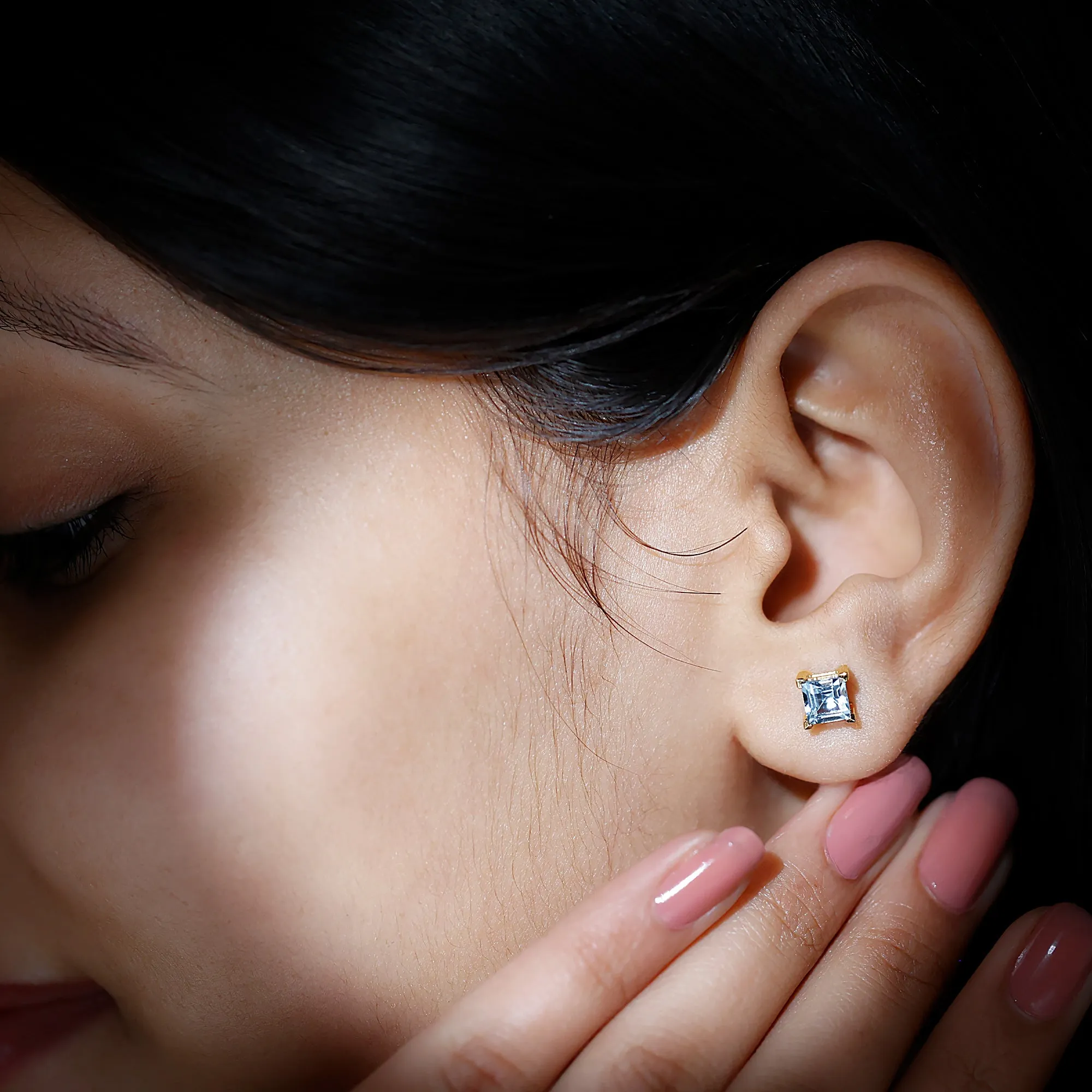 Princess Cut Aquamarine Solitaire Stud Earring