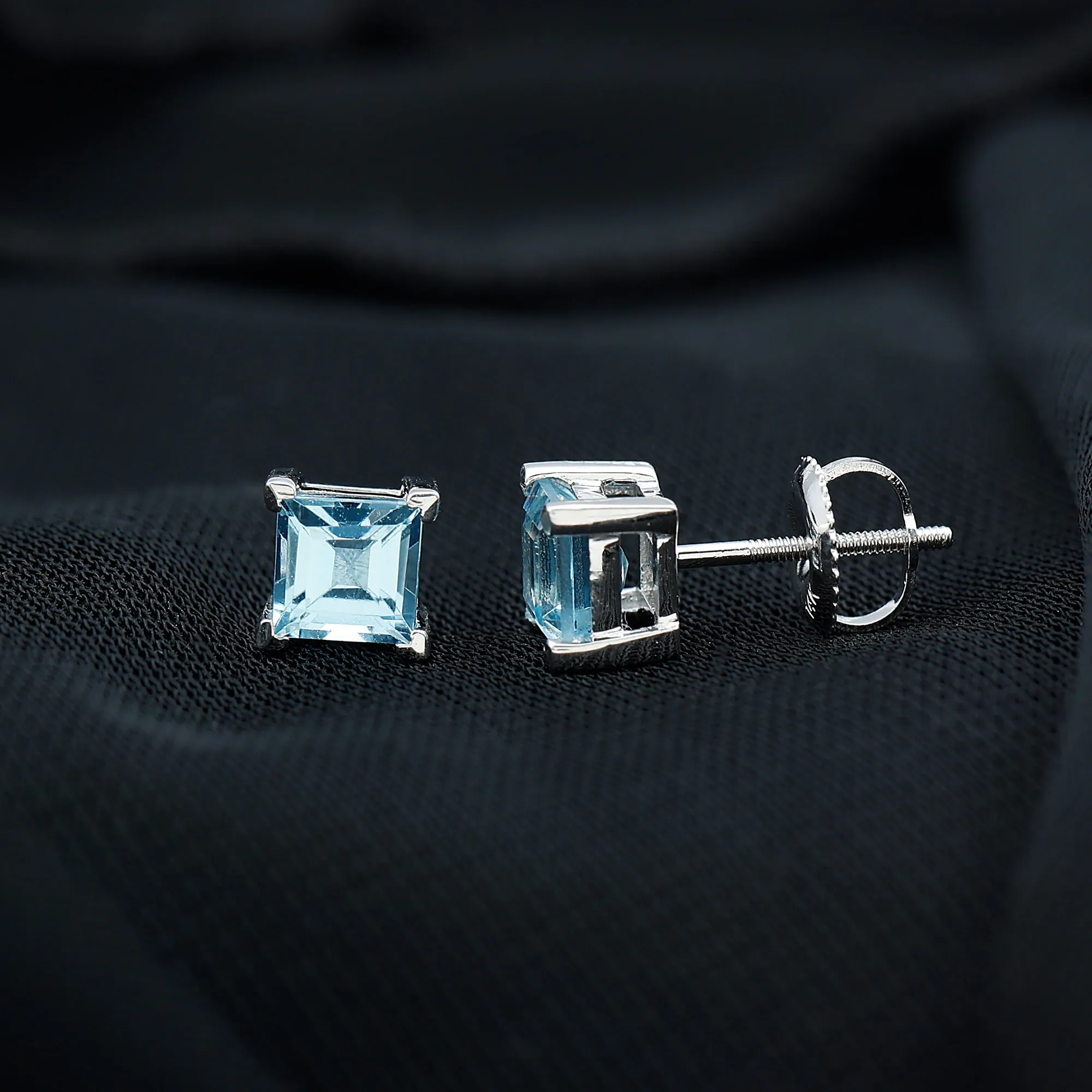 Princess Cut Aquamarine Solitaire Stud Earring