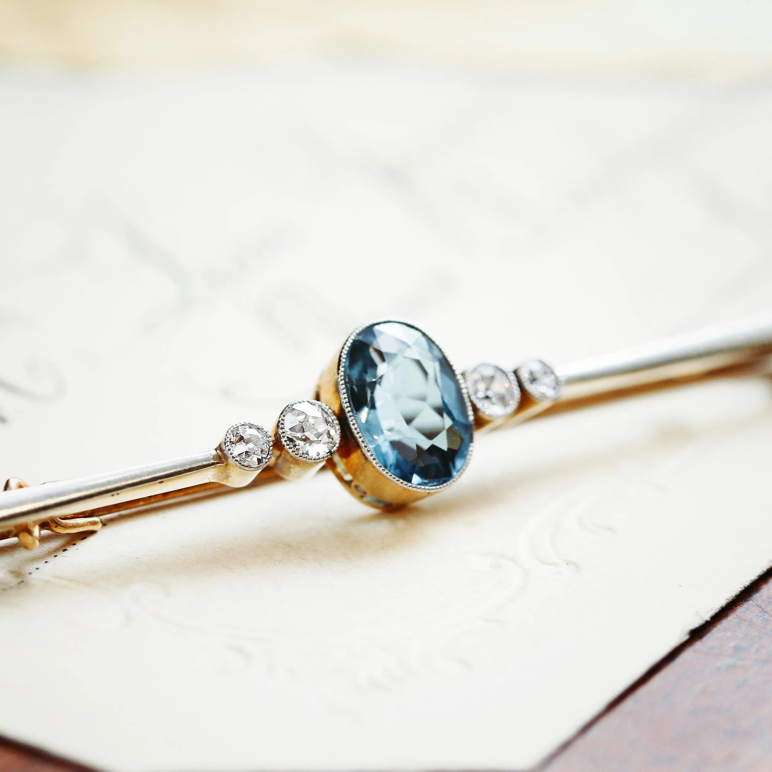 Pristine Antique Aquamarine & Diamond Bar Brooch