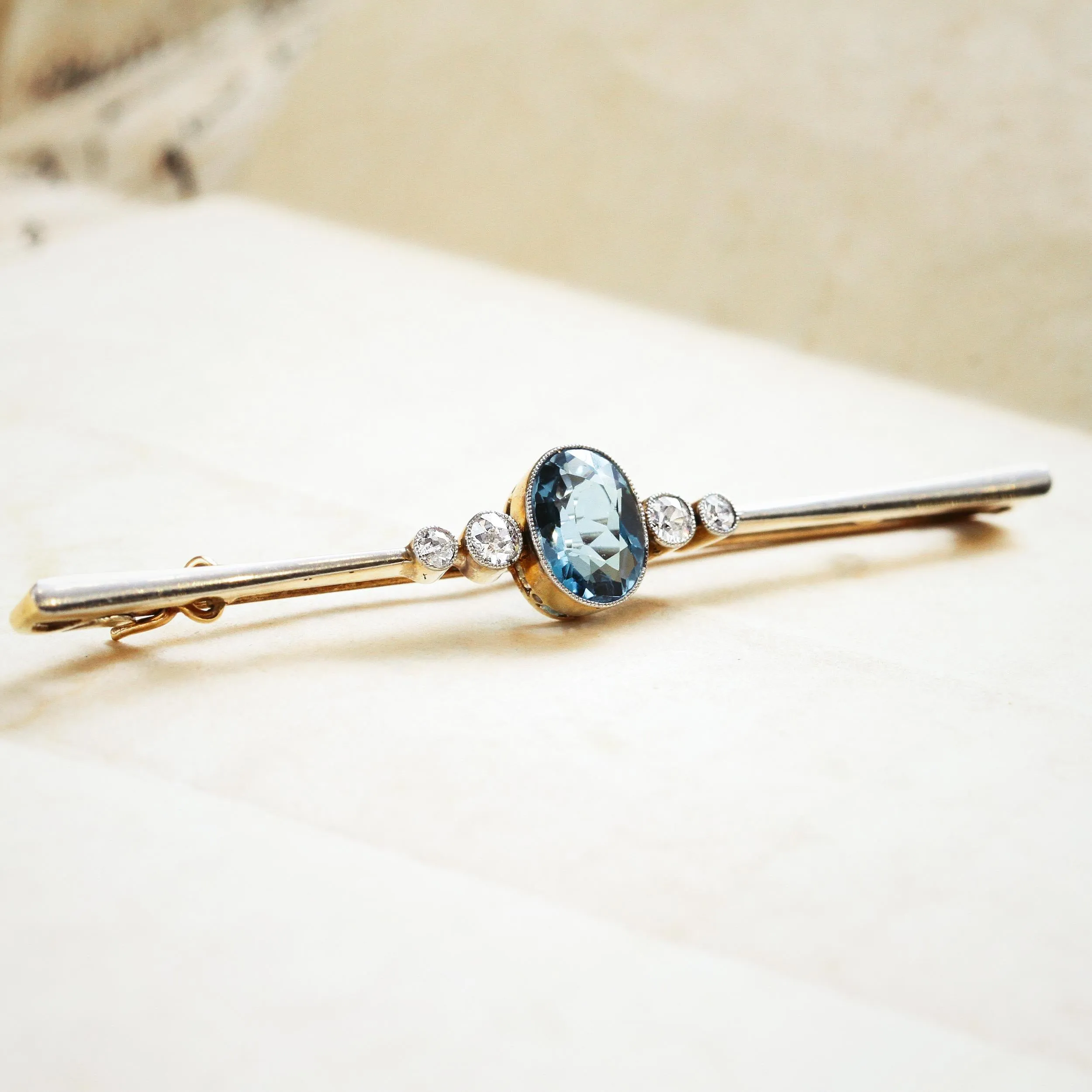 Pristine Antique Aquamarine & Diamond Bar Brooch