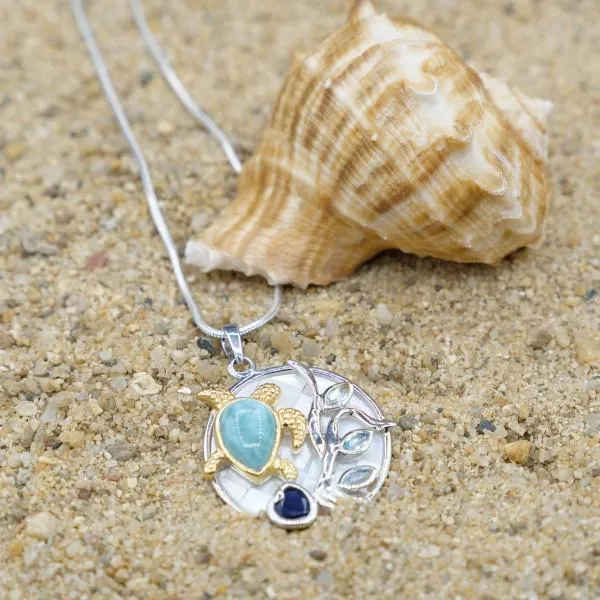 Sea Turtle Necklace with Larimar, Lapis Lazuli, Blue Topaz