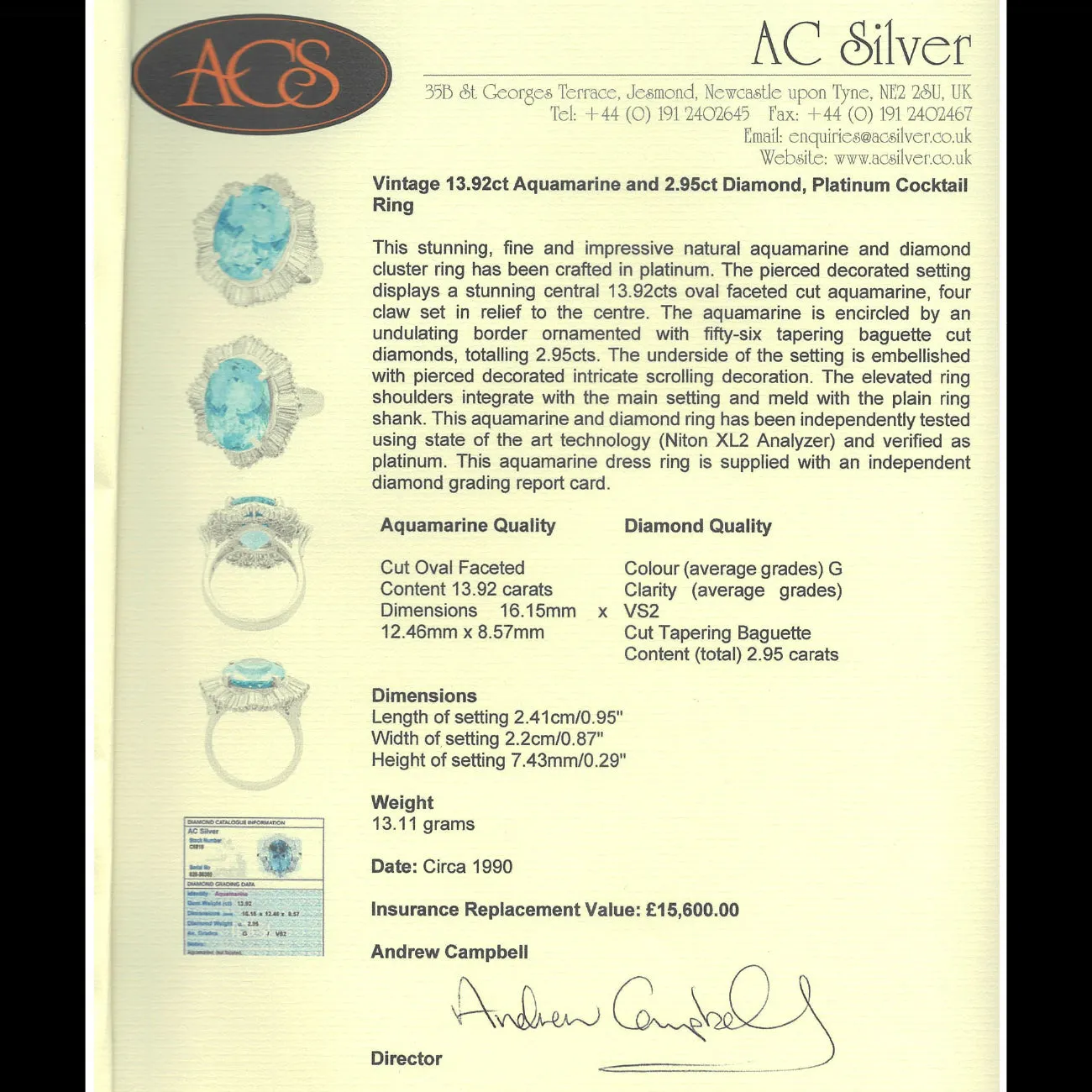 Vintage Aquamarine Diamond Cocktail Ring 13.92ct Aqua 2.95ct Diamond With Cert