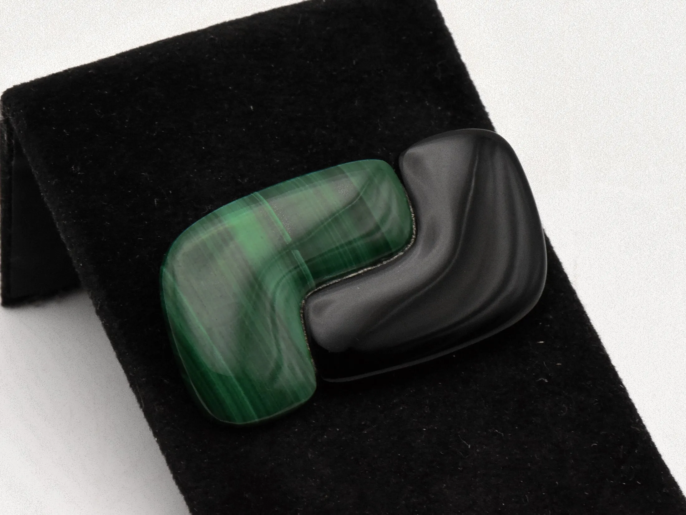 Vintage Carved Malachite and Black Onyx Brooch