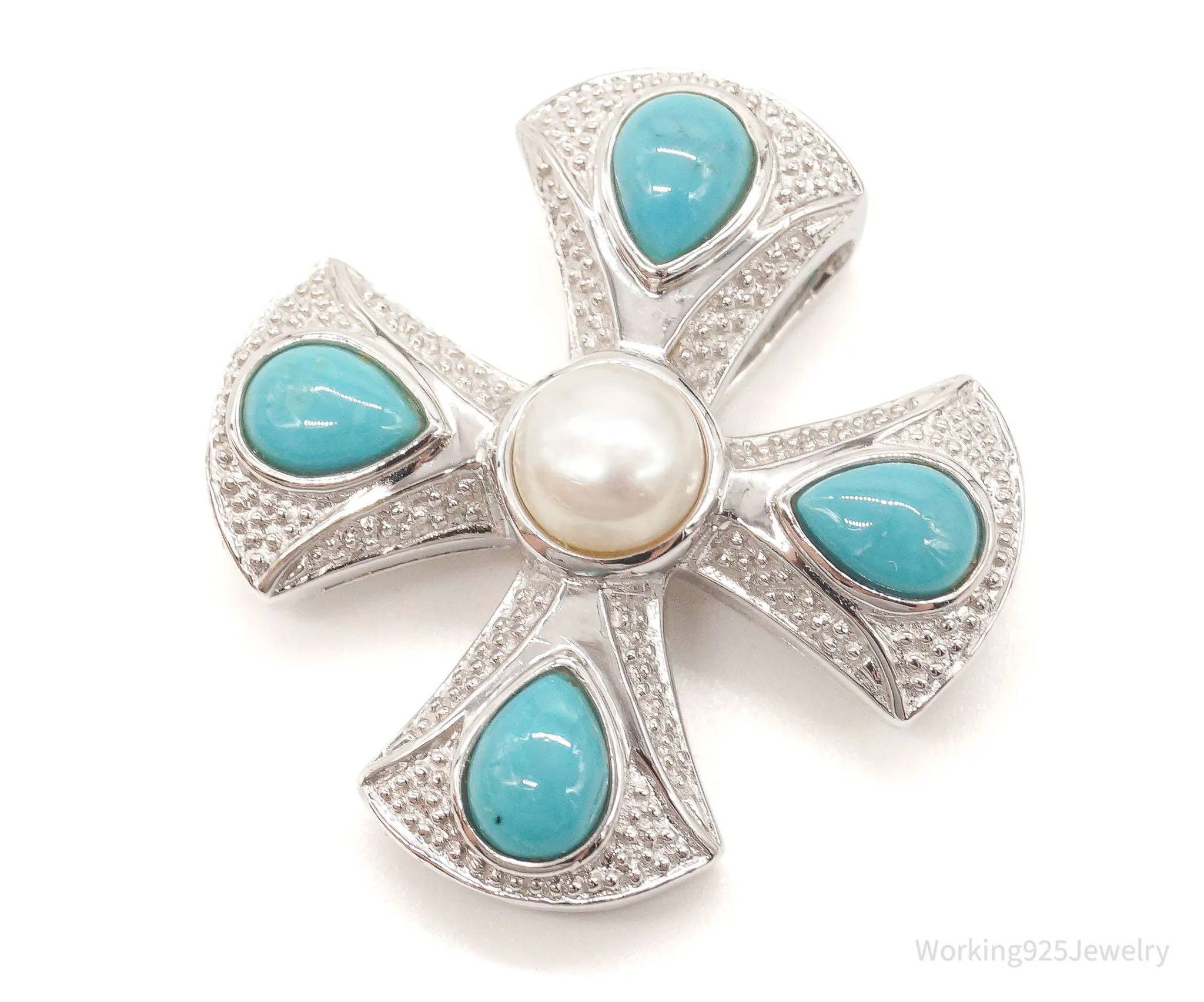 Vintage Designer EA Turquoise Pearl Cross Sterling Silver Pendant