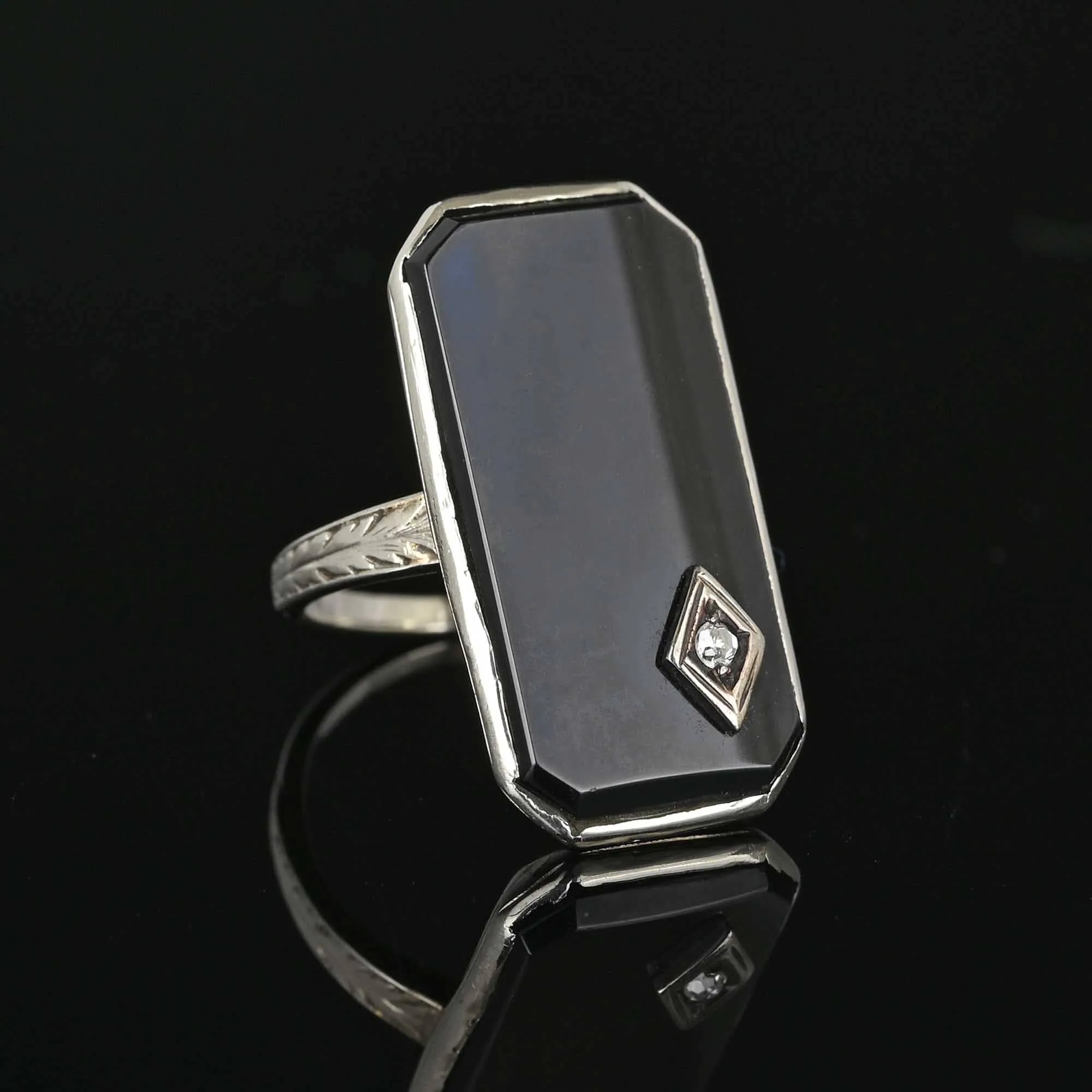 Vintage Diamond Onyx Ring 14K White Gold