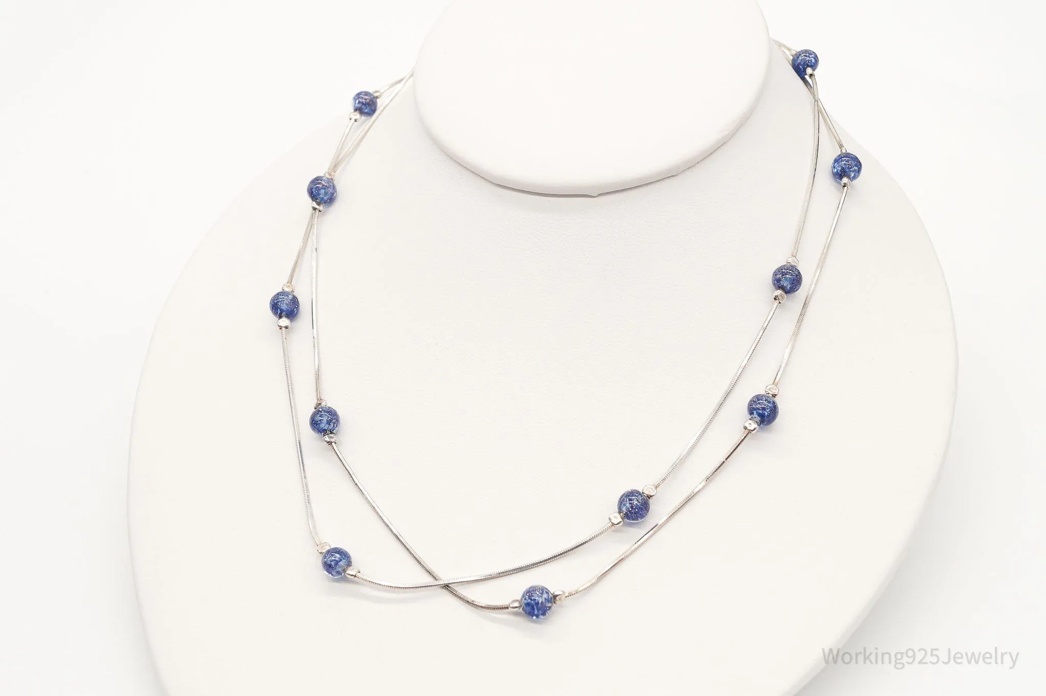 Vintage Italian Blue Glass Beads Modernist Sterling Silver Necklace