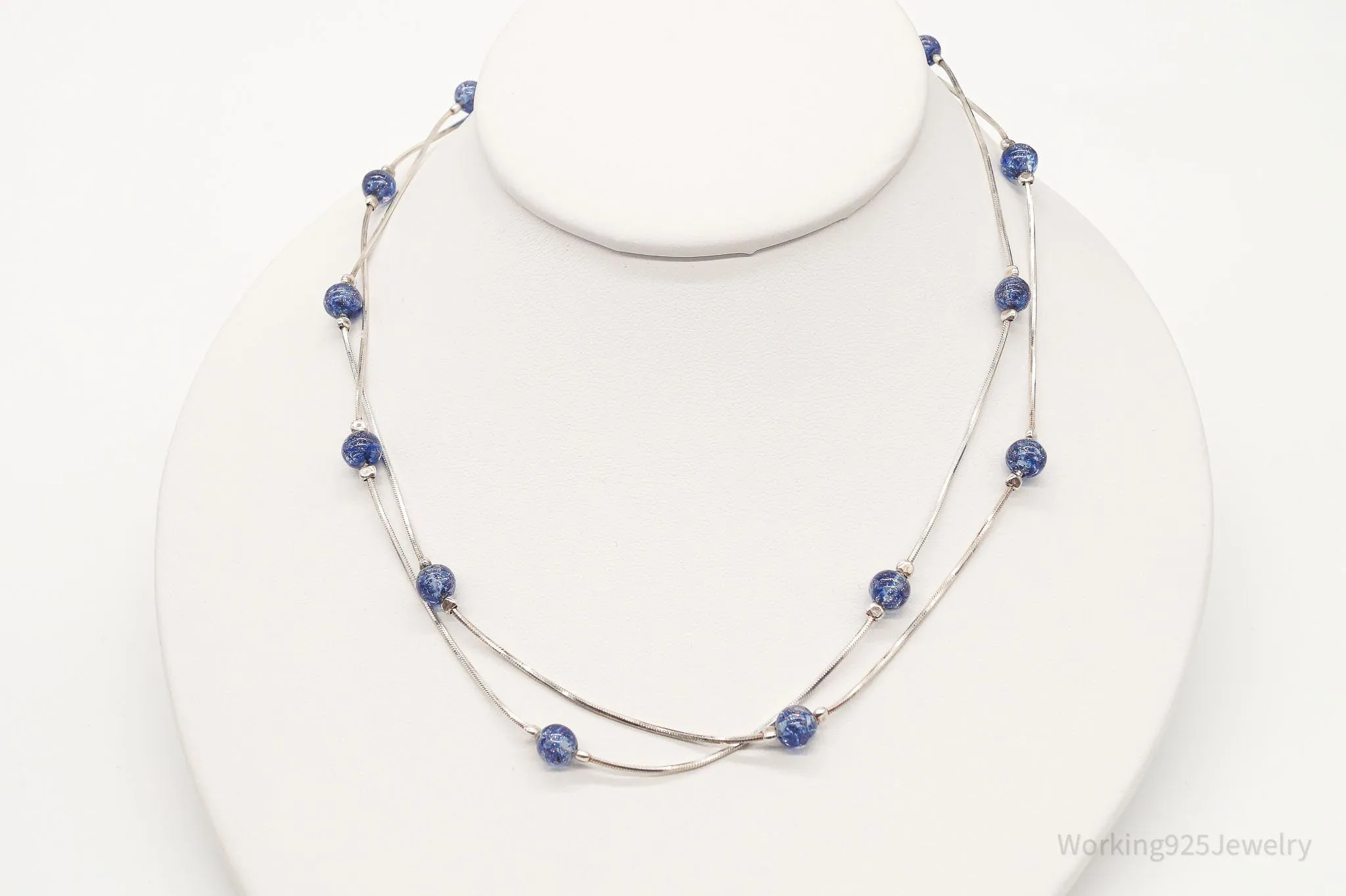 Vintage Italian Blue Glass Beads Modernist Sterling Silver Necklace