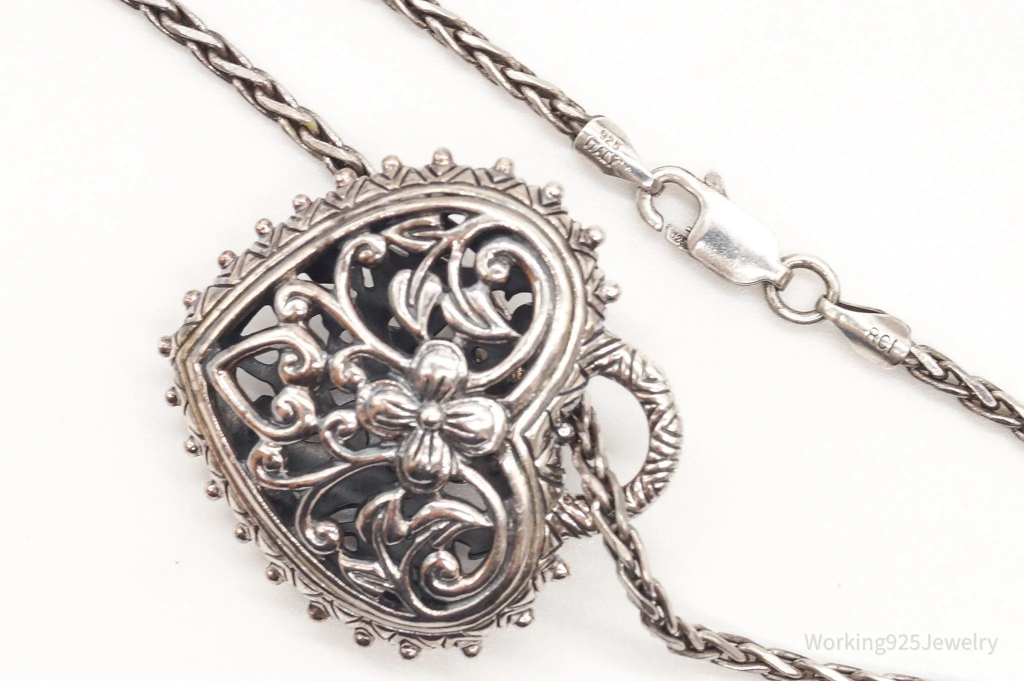 Vintage Large Filigree Padlock Heart Sterling Silver Necklace