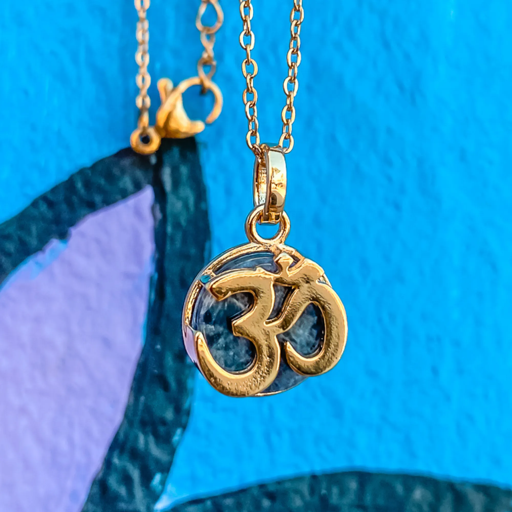 Yoga OM Gold Charm Necklace in Sodalite